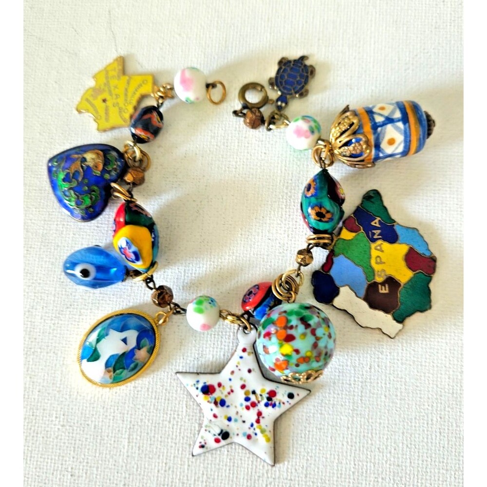 Vintage Travel Charm Bracelet Spain Texas Millefiori Glass Enamel Souvenir 7"